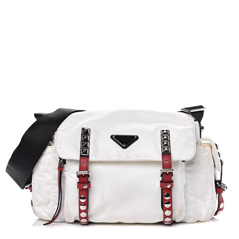 PRADA Nylon New Vela Studded Messenger White Fuoco.